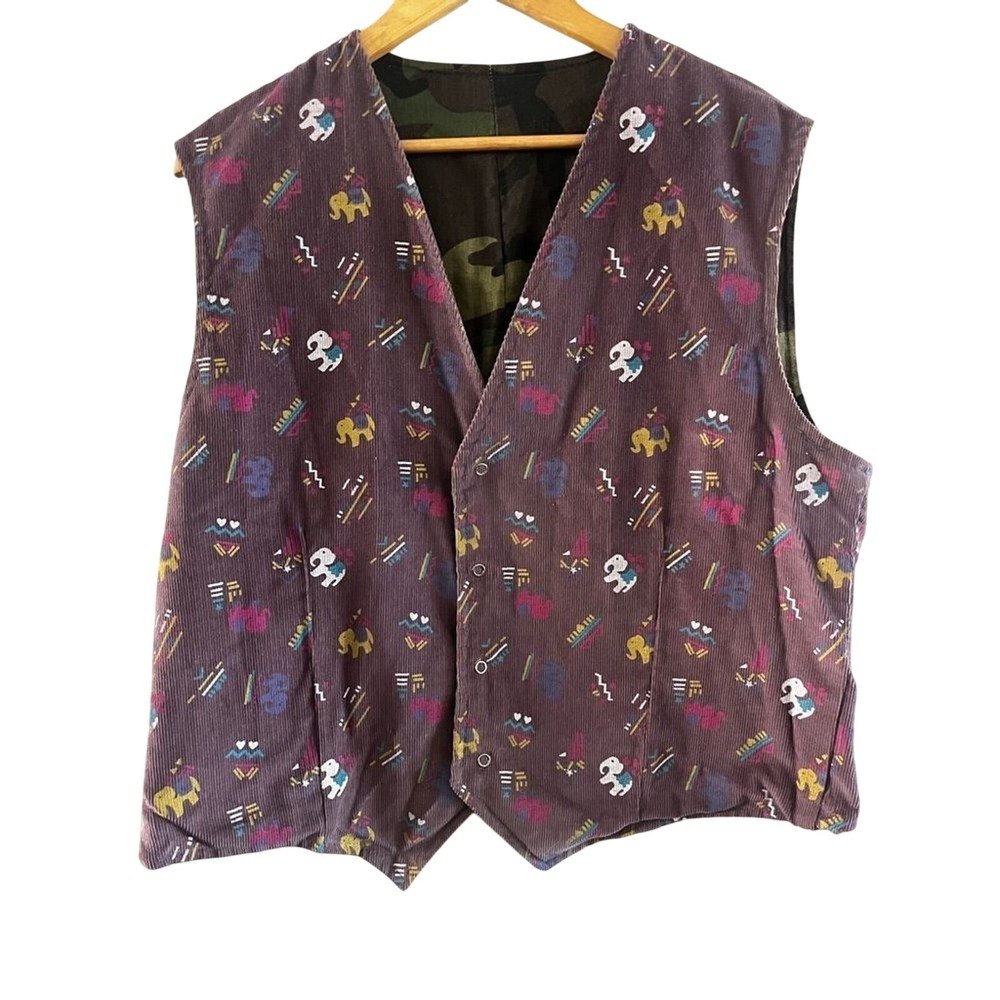 Women's‎ SZ M/L Reversable Vest: Camouflage & Purple Elephant Cord Y2K Boho